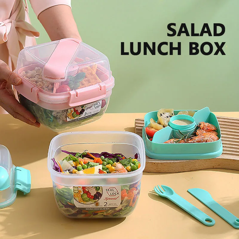 New Salad Container Portable Lunch Box Container 2 Layer Fruit Salad Bento Box Salad Bowl Lunch Box Food Lunch Container