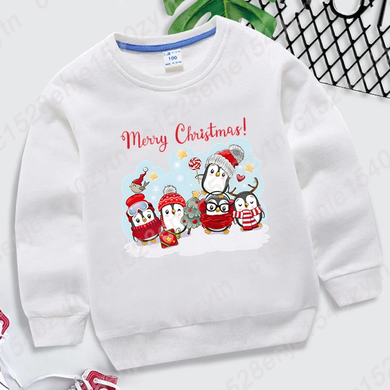 Cute Penguin Merry Christmas Sweatshirt Creative Children Autumn Winter Round Neck Hoodless Pullover Kids Boys Girls Casual Tops