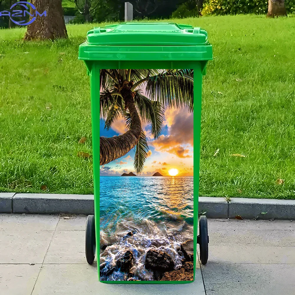 1pc of a Sunset Beach Scene Featuring Palm Trees And Rocks, a Waterproof And Removable PVC Sticker Suitable for Trash Bins, Wa view 6