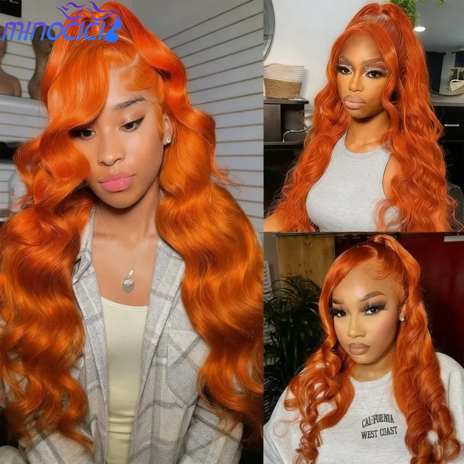 Peluca naranja jengibre 13X6 pelucas frontales de encaje HD peluca de cabello humano brasileño ondulado de 250 de densidad 100% peluca con malla Frontal de colores 350 36 pulgadas