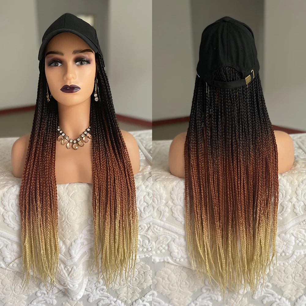 

Ombre Baseball Cap Wig With Braided Box Braids Wigs For Afro Black Women Daily Wear Black Hat Synthetic Wig Adjustable For Girls