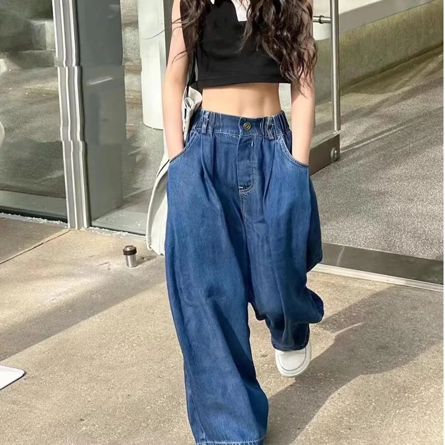 

RAISE 2026 Spring Kids Girls Denim Pants Cotton Children Girls Straight Pants Solid Elastic Wiast 2-14Y Kids Girls Wide Leg Pant