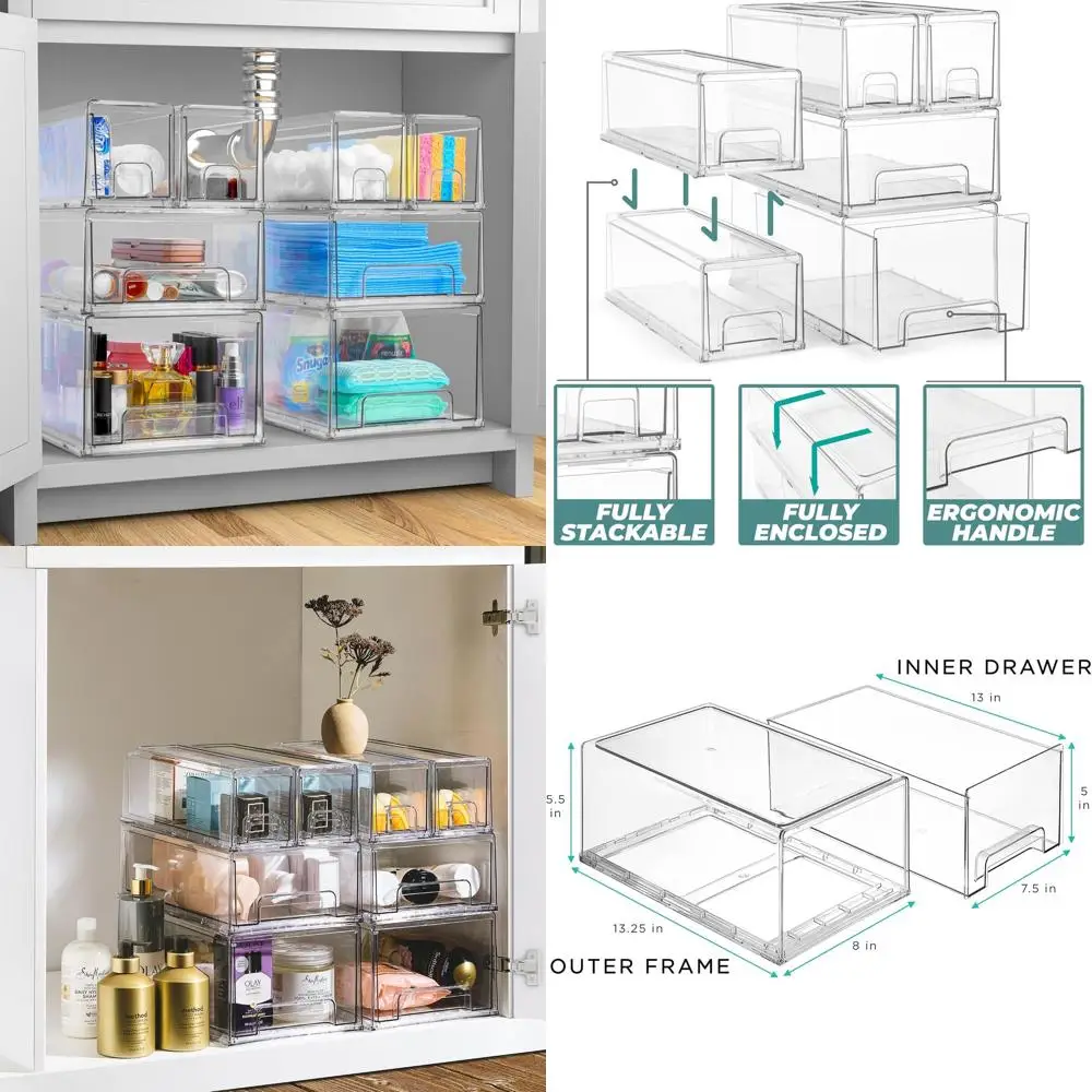 

2-Pack Clear Stackable Drawers with Handles - Multi-Purpose Storage Bins for Home and Office Organization