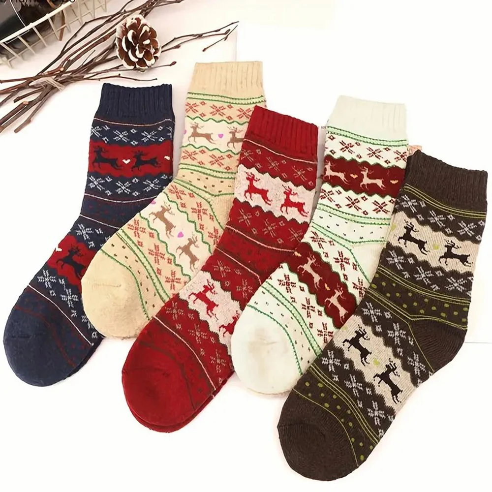 5 Pairs Deer Patterned Women Printed Thick Socks Suitable For Warm Soft Comfortable Christmas Stockings Autumn Winter Socks