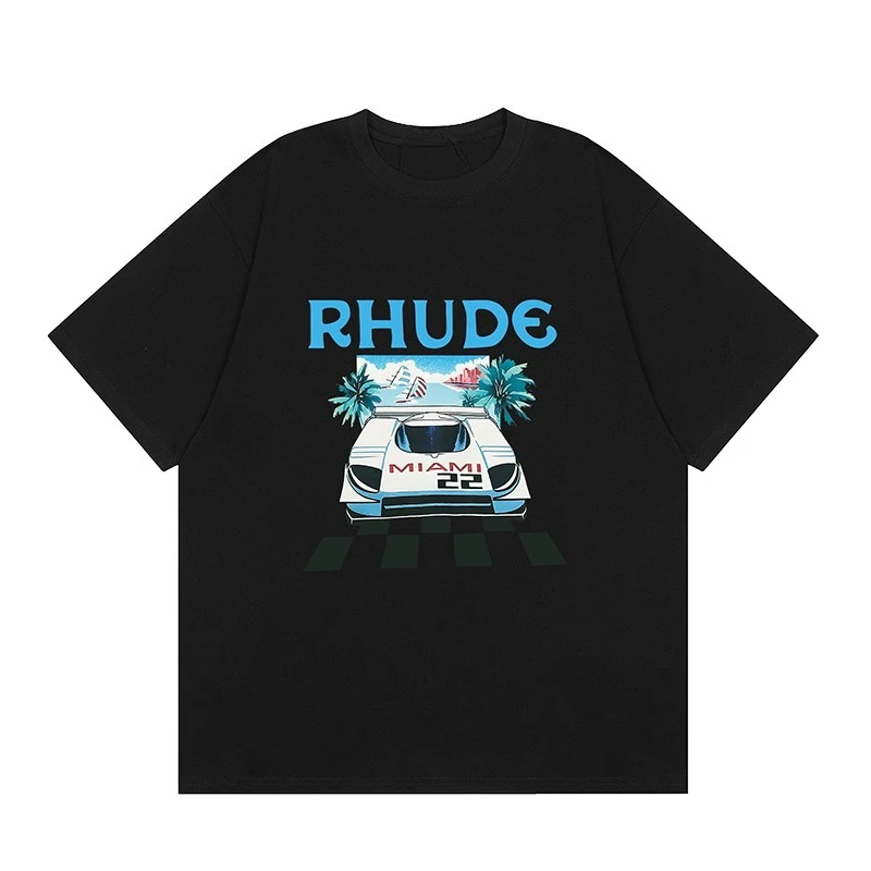 2026 Men Vintage Miami Race Car Palm Tree Graphic T Shirt Front Print Crewneck Tees Unisex Black Oversized Short Sleeve T-shirt
