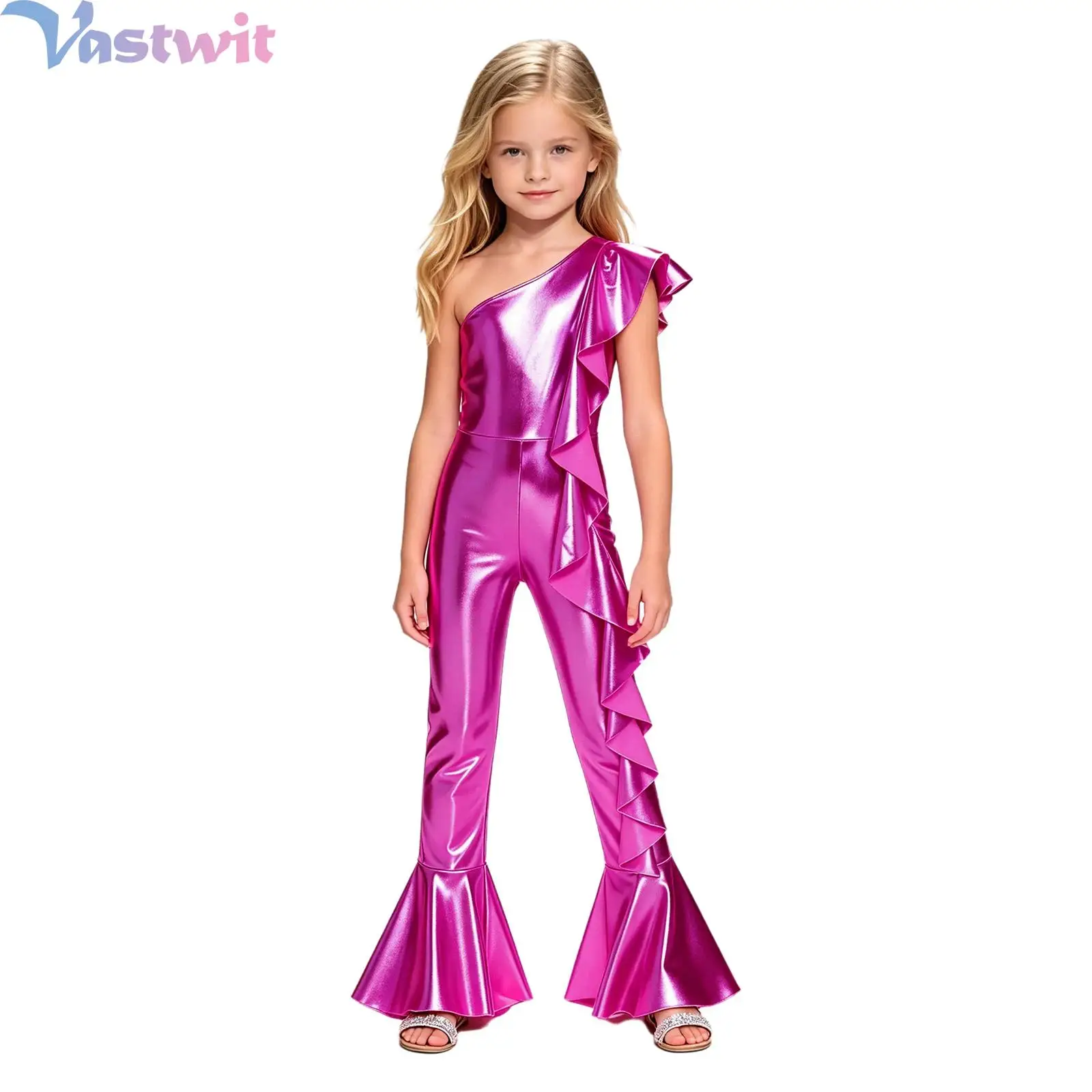 Kids Girls Metallic Shiny Pageant Jumpsuit One Shoulder Ruffles Side Bell Bottom Rompers Unitard Jazz Disco Dance Party Costume
