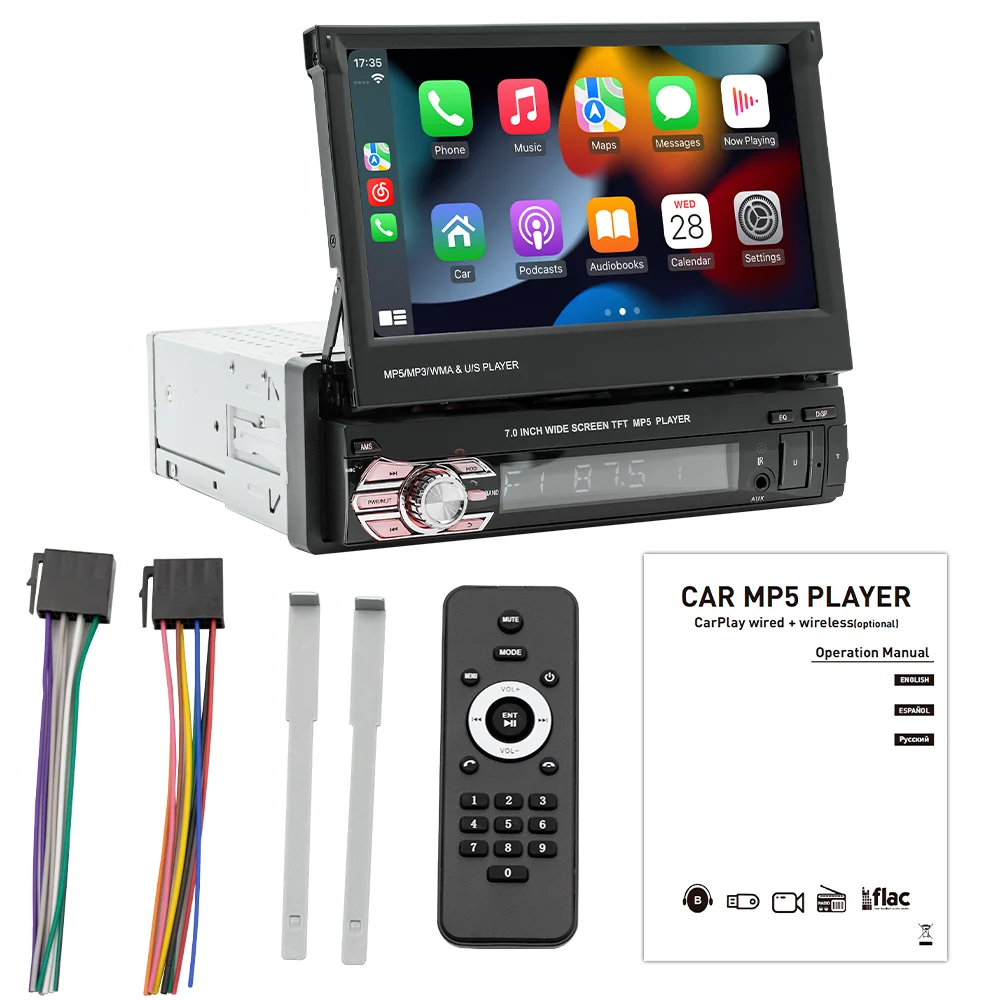 ESSGOO Enkele DIN 7Inch CarPlay Android Auto Universele Autoradio Radio Flip Out HD Touchscreen FM AM BT USB AUX Mirror Link SWC