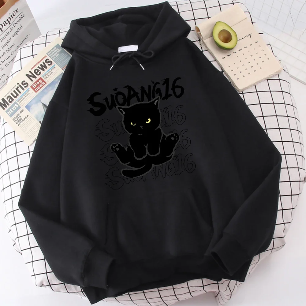 Cute Cartoon Black Cat Print Hoodie Suoang16 Letter Graphic Women \'s Sweatshirts Harajuku Unisex Casual Hooded Pullover Clothes