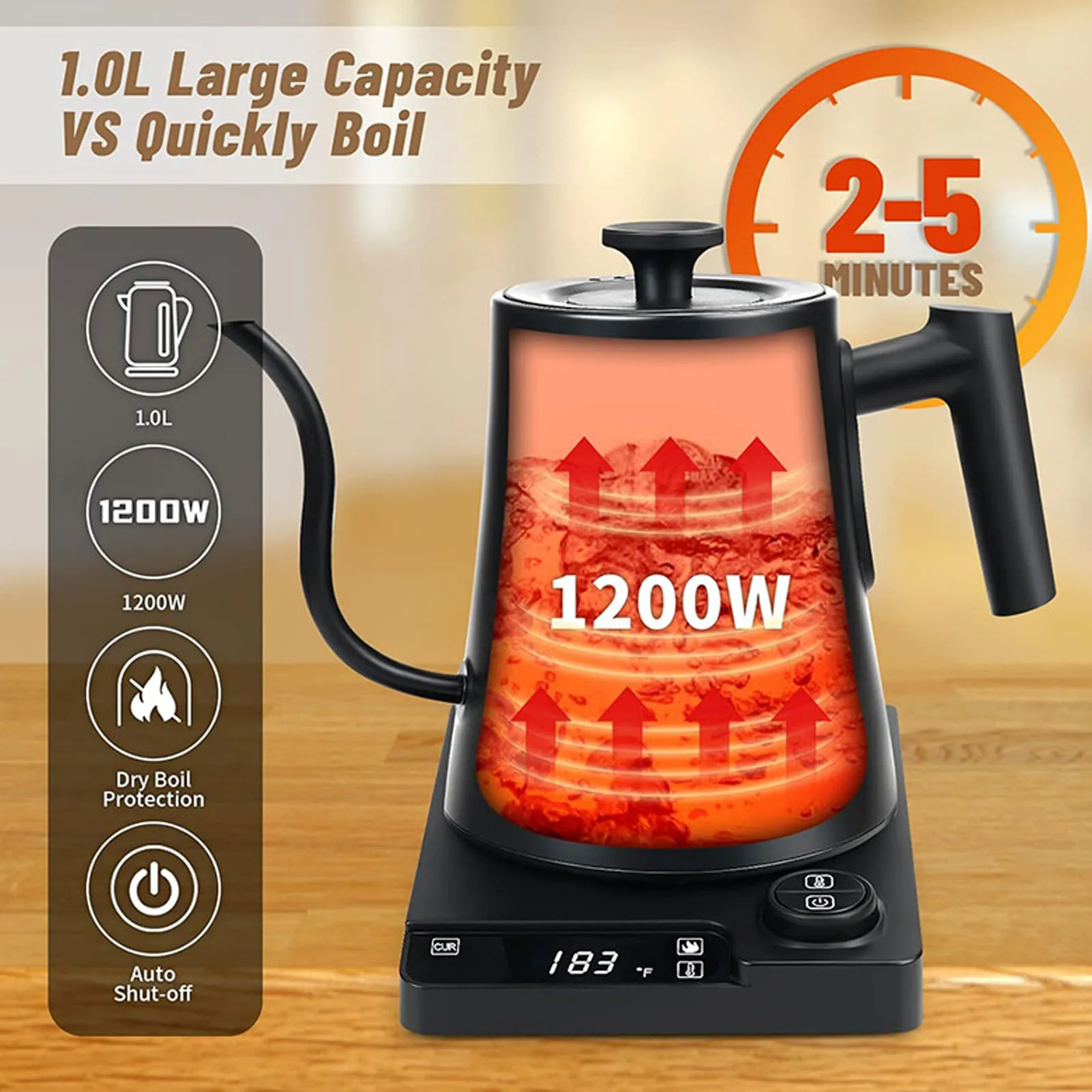 110V Smart Electric Kettle Thermostat Precise Temperature Control and Hold Mode Gooseneck Electric Kettle 1200W