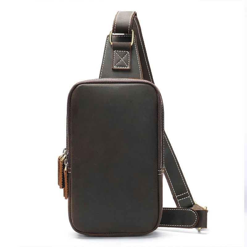 Bolso de pecho de cuero grueso para hombre, bandolera de cuero de vaca Real, bandolera pequeña de un solo hombro