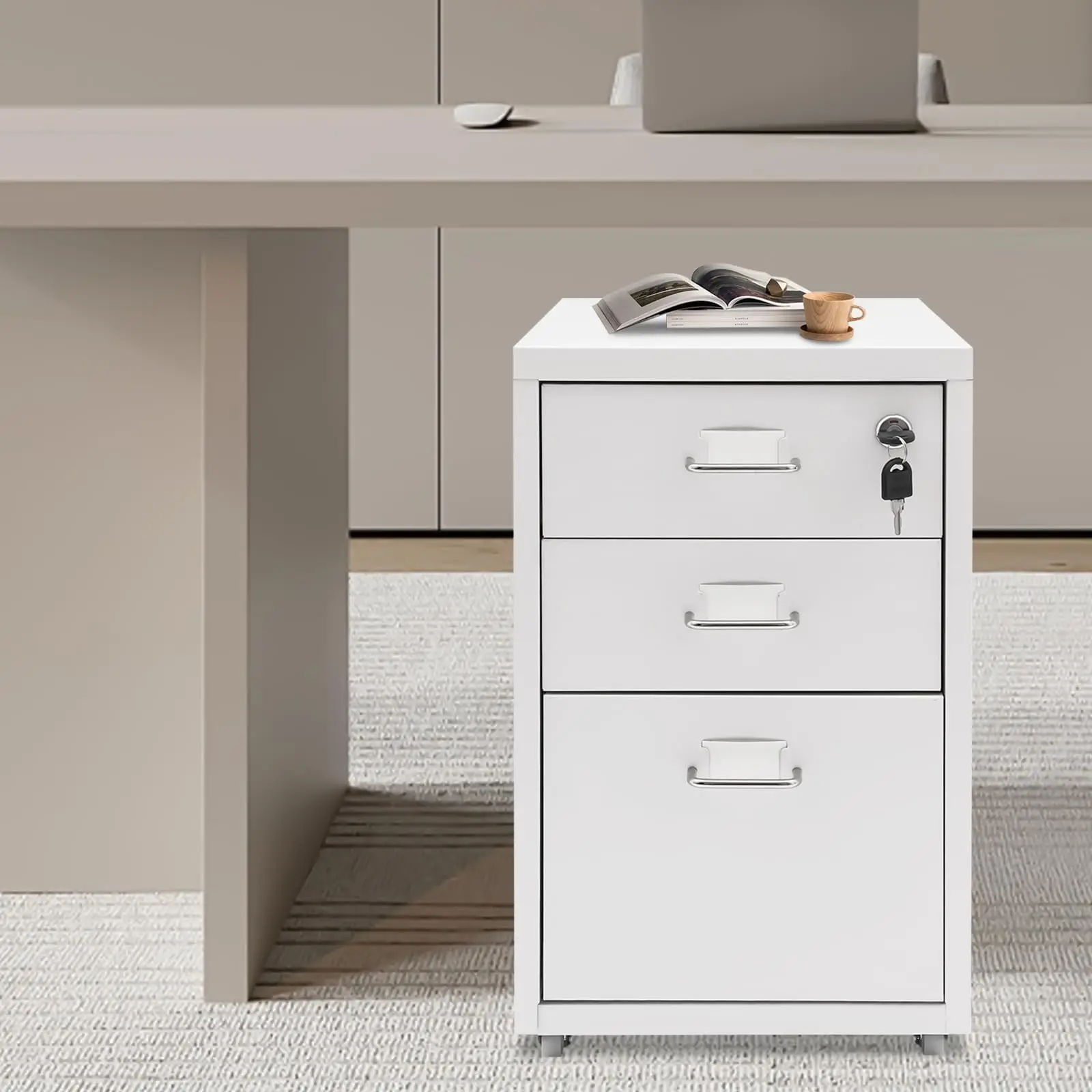 Vertical File Cabinet with 4 Wheels - 3-Drawer Metal Mobile File Cabinet with Lock - 11×16×18.3 Inch under Desk Lockable File Cabinet