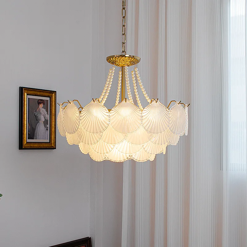 Lustre en cristal de coquillage français haut de gamme, éclairage LED moderne, décoration de la maison en cuivre, salon et salle à manger