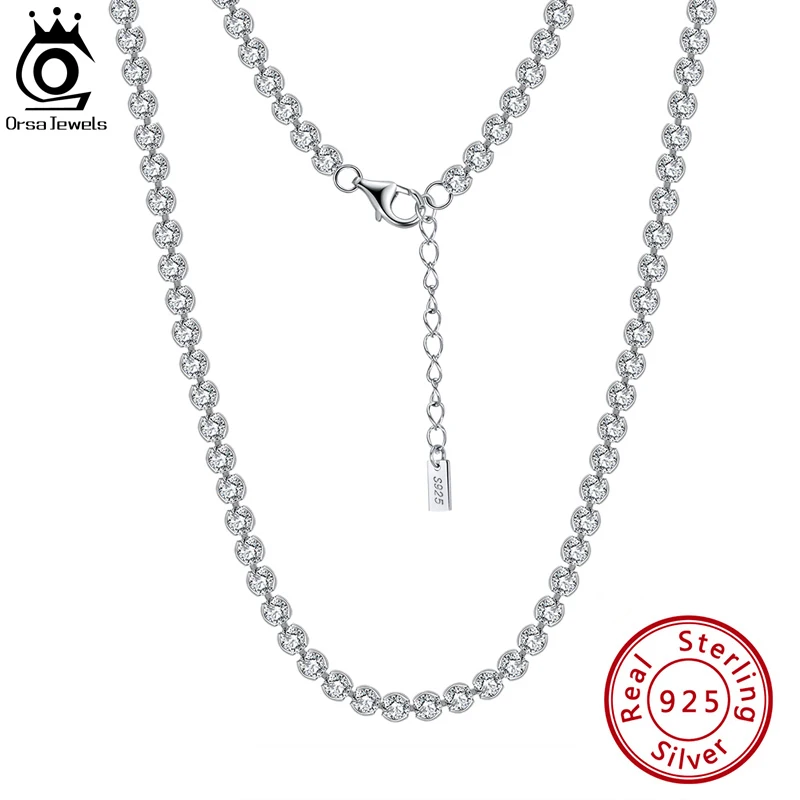 ORSA JEWELS Real 925 Sterling Silver Tennis Necklace 2.5mm Round Cut Cubic Zirconia Bezel-Setting Tennis Chocker Necklace SC51