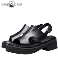 Summer Mens Thick Platform Cowhide Genuine Leather Sandals Buckle Strap Height Increasing Sandals Hollow Out Breathable Shoes