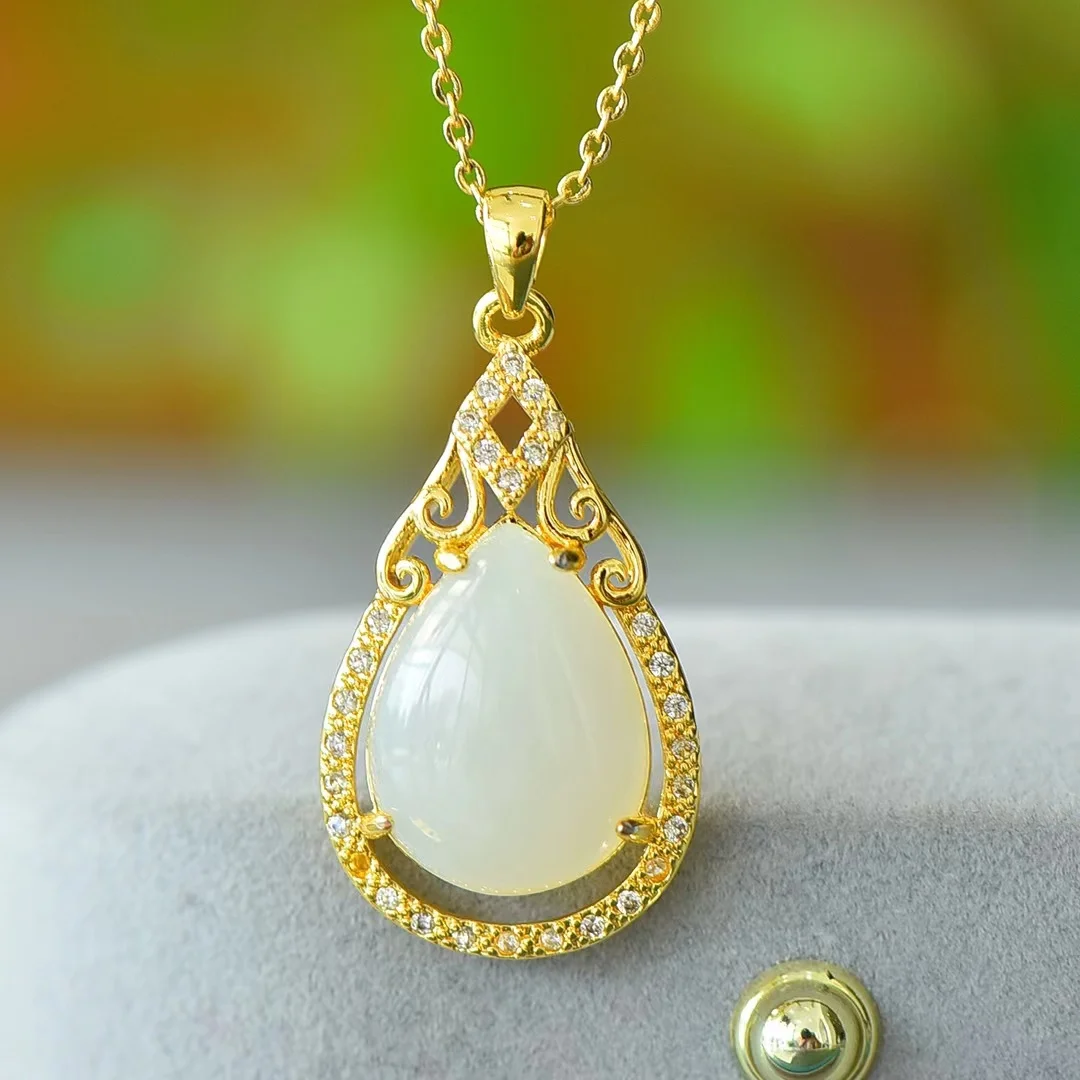 

Natural Hetian White Jade Pendant Women Necklace Water Drip Pendants Fine Charms Jewellery Gifts Stylish Clavicle Chain Jewelry