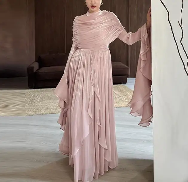 

2025 New Women's Slit Pleated Pink Elegant Evening Dress Female Clothing Temperament French High Waist Vintage Party Dresses