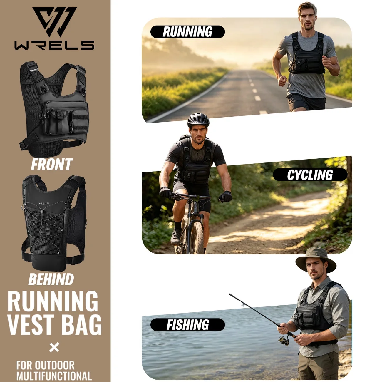 WRELS Hydration Running Vest Chest Bag Breathable Waterproof Multi Pocket Sports Storage Pack for Trail Hiking Cycling Marathon