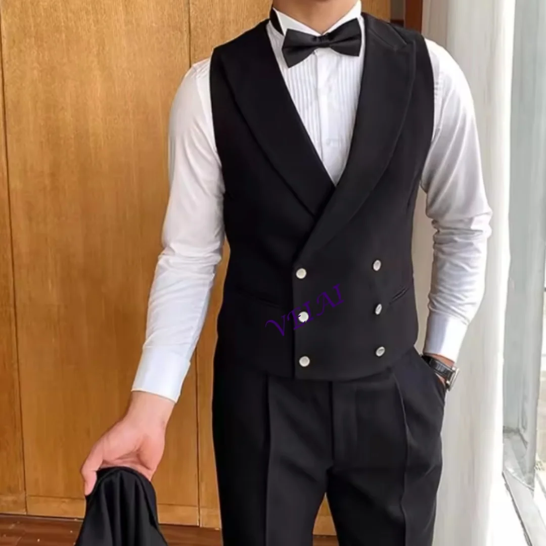 

CustomizedMen's Double Breasted Suit Vest - Vintage Elegant Wedding Waistcoat for Groom | Slim Fit Dress Gilet, Wool Blend, Tail