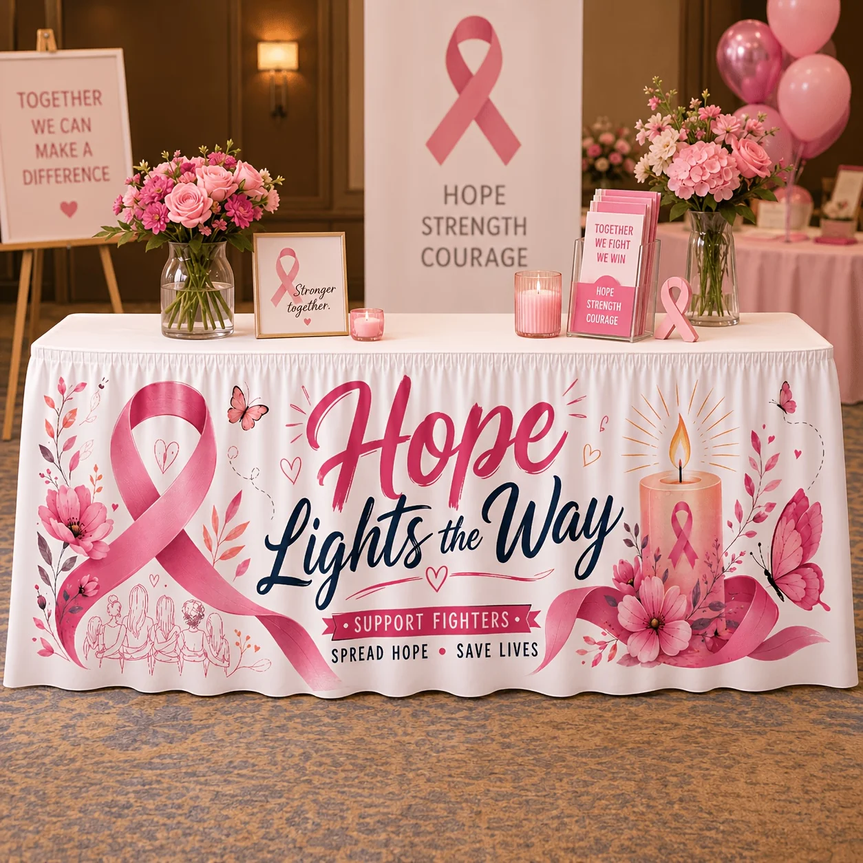Send a table skirt 1 piece, hope to light up the road, breast cancer prevention tablecloth, table skirt, pink ribbon.