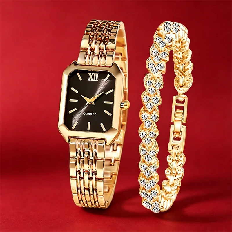 1 women's watch, 1 bracelet, elegant square quartz watch with stainless steel strap, the perfect gift for her, best gift