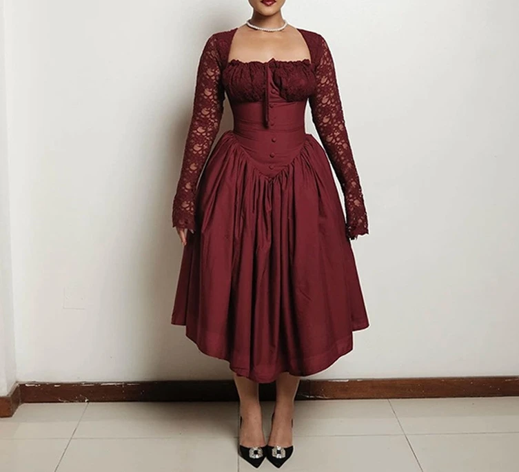 2024 Women's Summer New Style Elegant Square Neck Lace Long Sleeve Waist Wrapped Solid Color Medium Length Dress