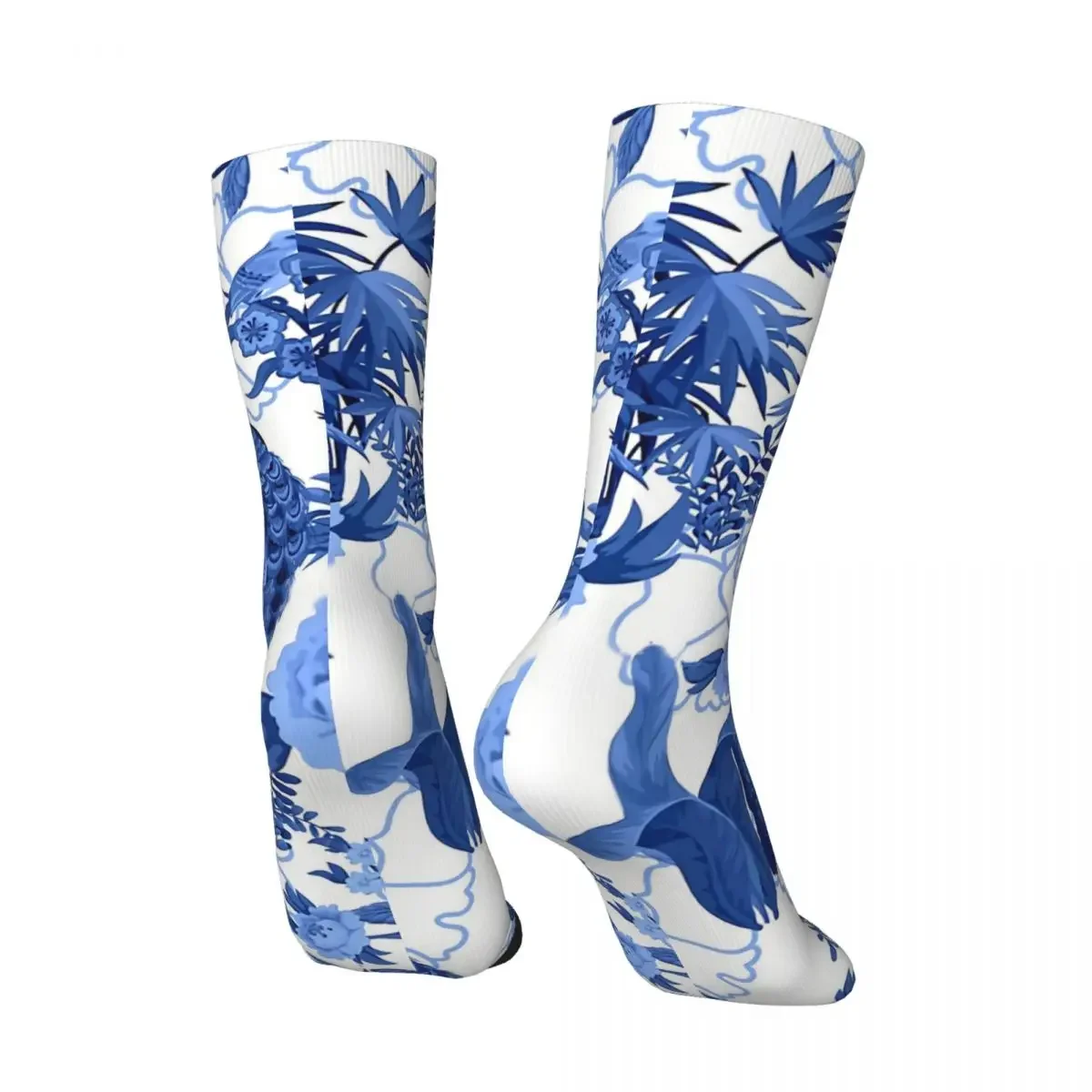 Funny Happy Men's Socks Delft Blue Chinoiserie Fengshui Oriental Garden With Peacocks Hip Hop Pattern Crew Crazy Sock Gift