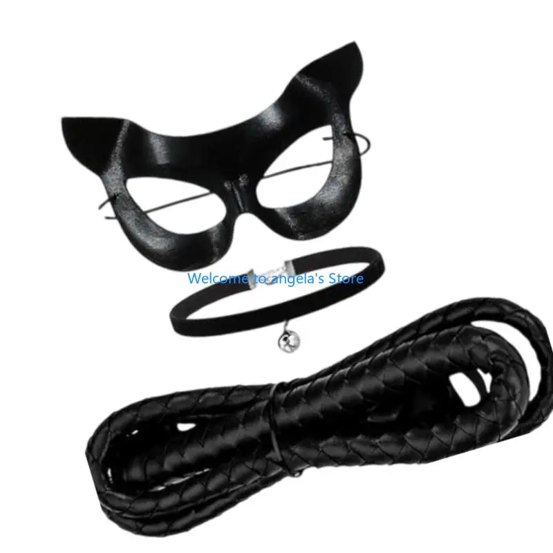 

X4YC 3Pcs Black Cats Costume Accessories Masquerades Mask,Bells Choker Necklace Whip Halloween Party Cosplay Costumes for Womens
