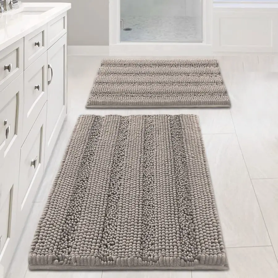 

Slip Thick Shaggy Chenille Bathroom Rug Mat Set Extra Soft and Absorbent Striped Floor Rugs, 2 Piece, MachineWashable