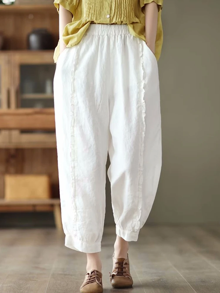 

Retro Ruffles Women Trousers Literary High Waist Female Cotton Pants Oversized Casual Loose Ankle-Length Harem Pants Pantalones