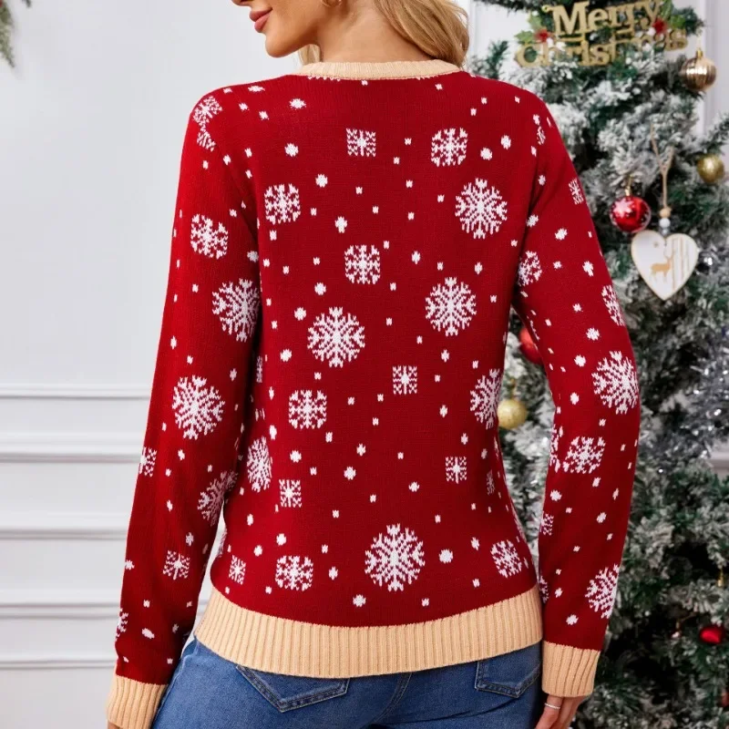 Pulôver de malha feminino floco de neve com capuz europeu e americano, suéter vermelho de Natal, novo para outono e inverno