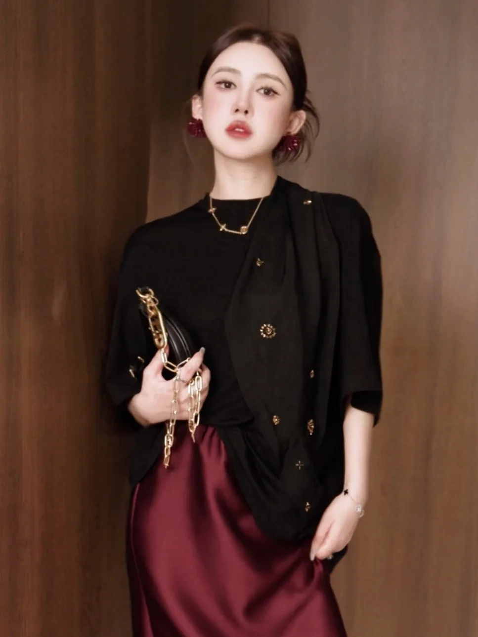 

Gyantong Design Sensation Women's ort Sve T-irt Sa Draped Sle French Sle Knitted Acetate Fiber Thin Model DD203