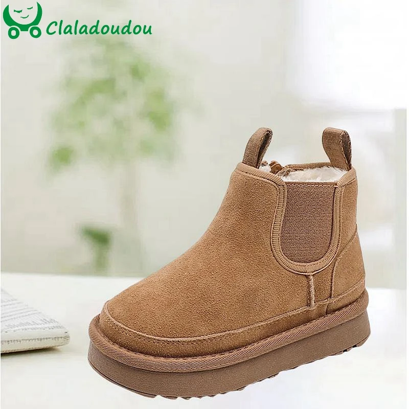 2024 Genuine Leather Fashion Snow Boots For Kids Boys,Solid Suede Thicker Plush Winter Shoes For Children Girls,Baby Warm Boots