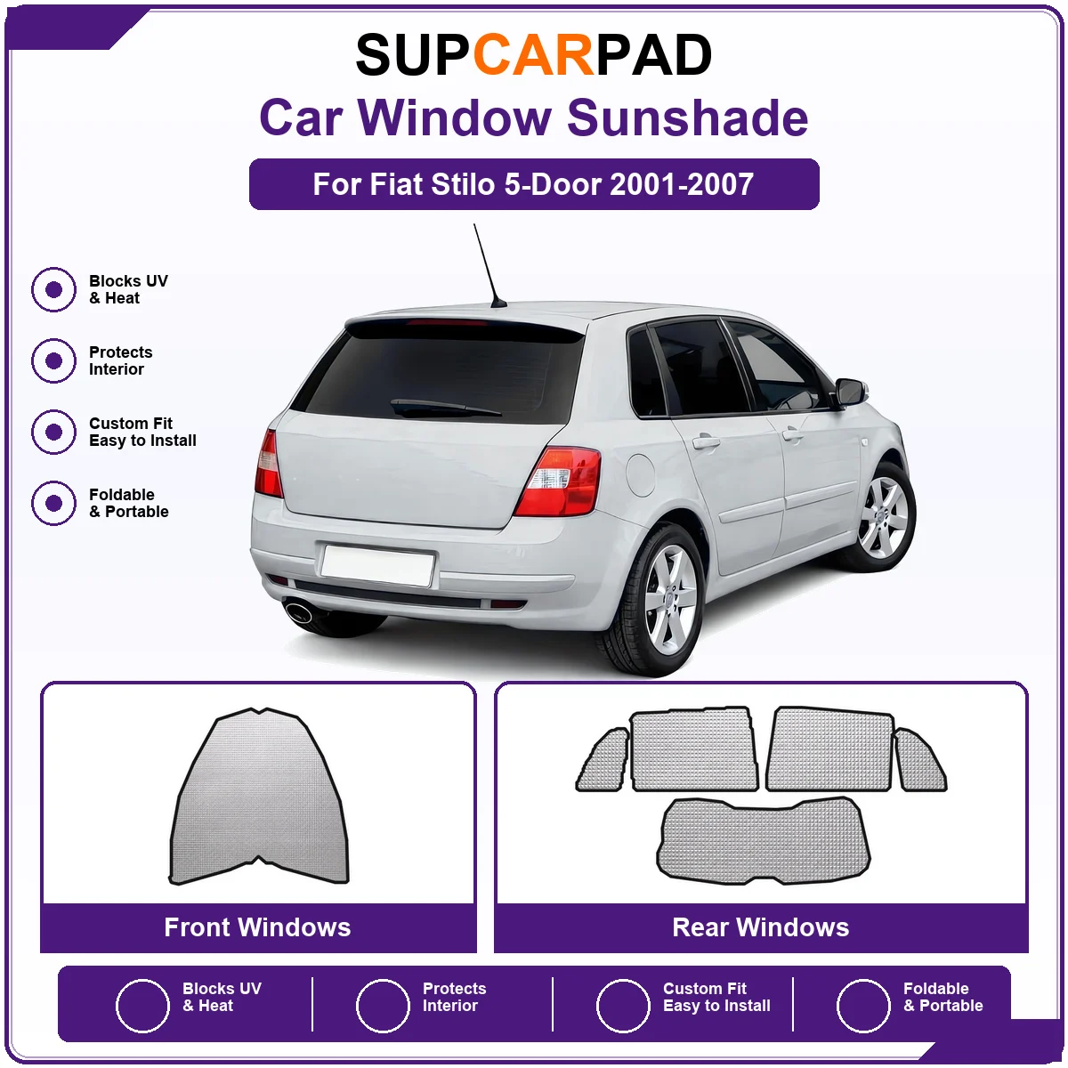 For Fiat Stilo 5-Door 2001-2007 Pre‑Cut Auto Window Sunshade Anti‑UV Car Sun Visor Protector