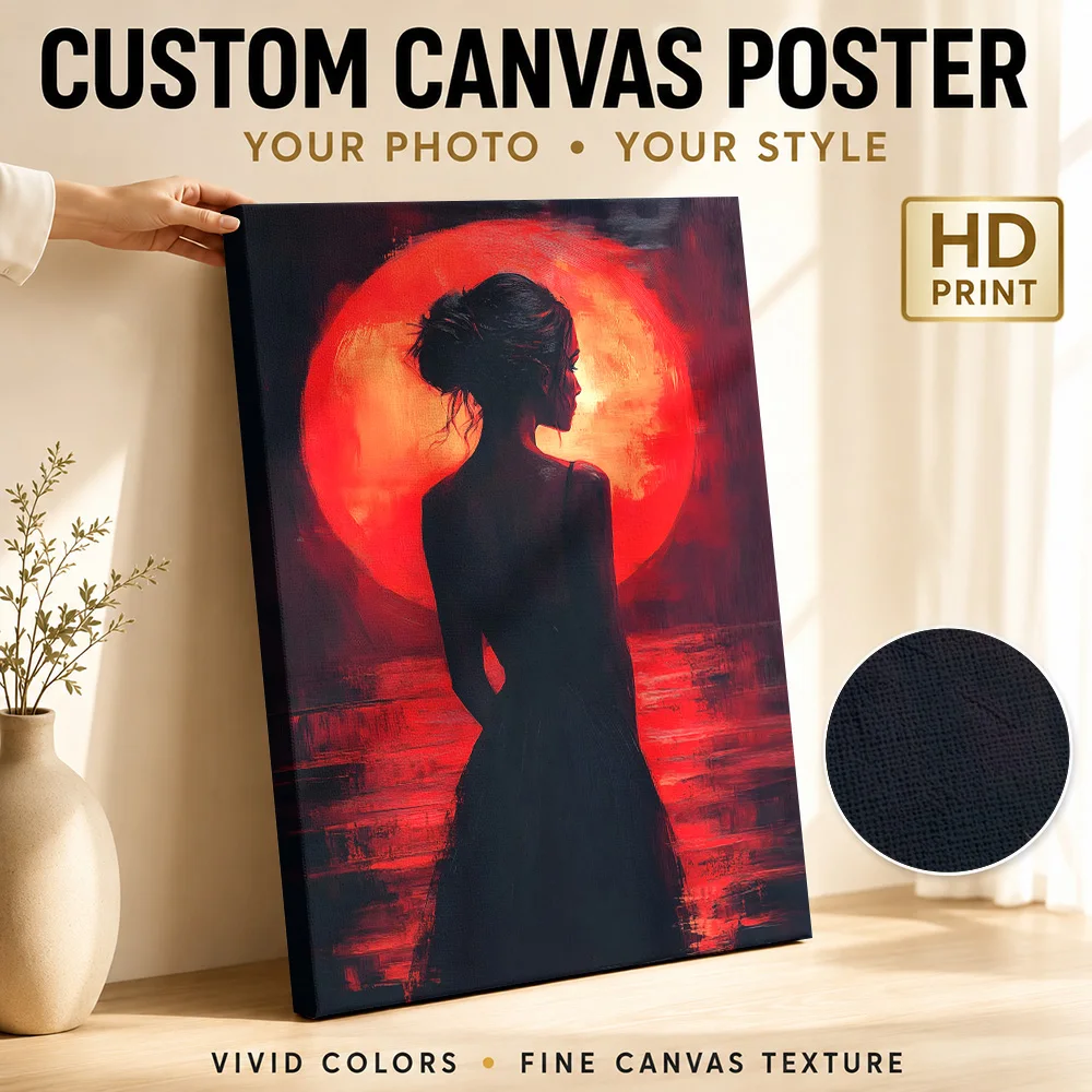 Silhouette Under Red Moon Canvas Poster Personalized Photo Modern Aesthetic Wall Paintings Decoration for Office Ready to Hang