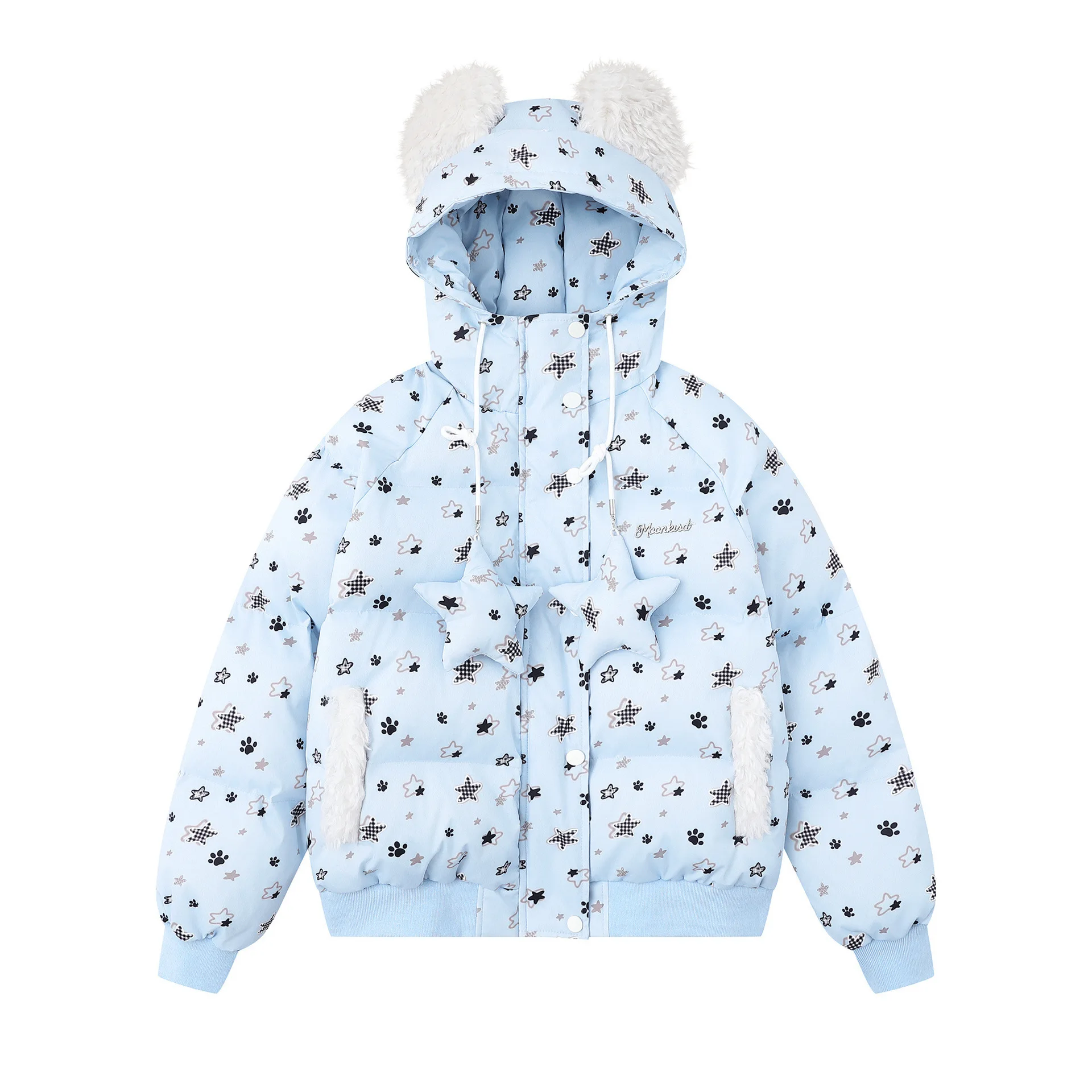 2025 New Full Print Star Fur Collar Cotton Jacket for Women Winter Cotton Coat Puffer Jacket for Women