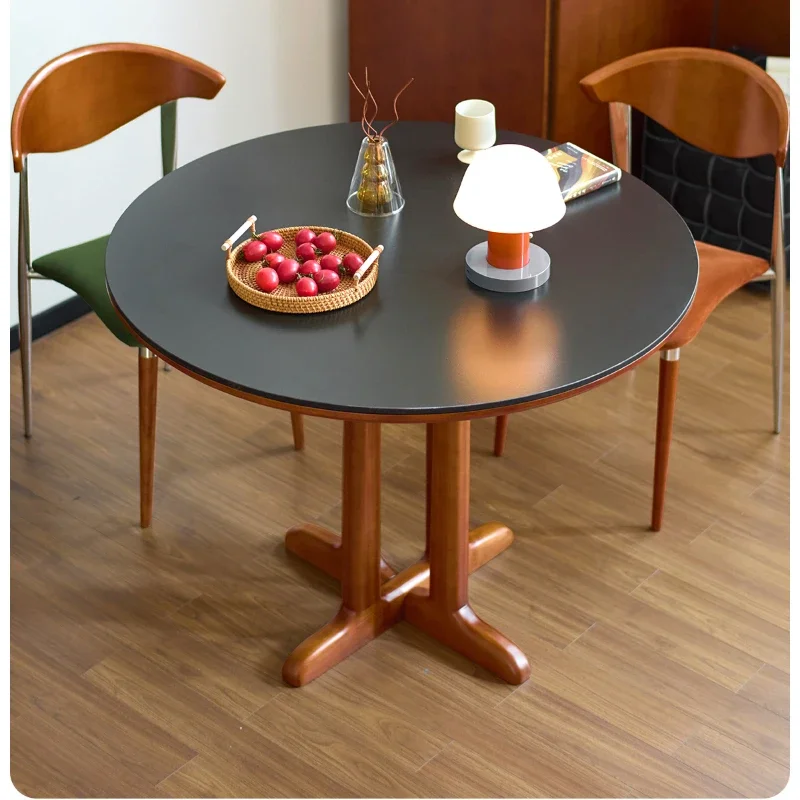 Solid wood black rock slab round table retro restaurant round dining table and chair combination Nordic