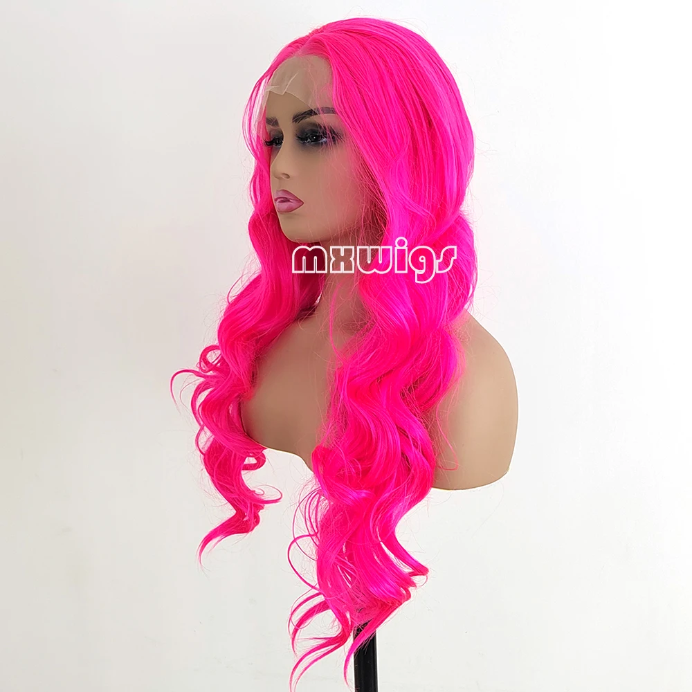 MXWIG Hot Pink Hair Body Wave Synthetic 13X4 Lace Frontal Wigs Long  Wig Glueless Soft Hair Heat Resistant Fiber Party