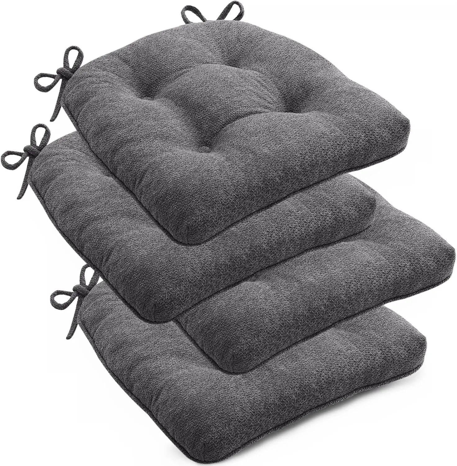 

Set of Four Dark Grey Dining Chair Cushions Memory Foam Non Slip Ties Tufted 16.5x15.5