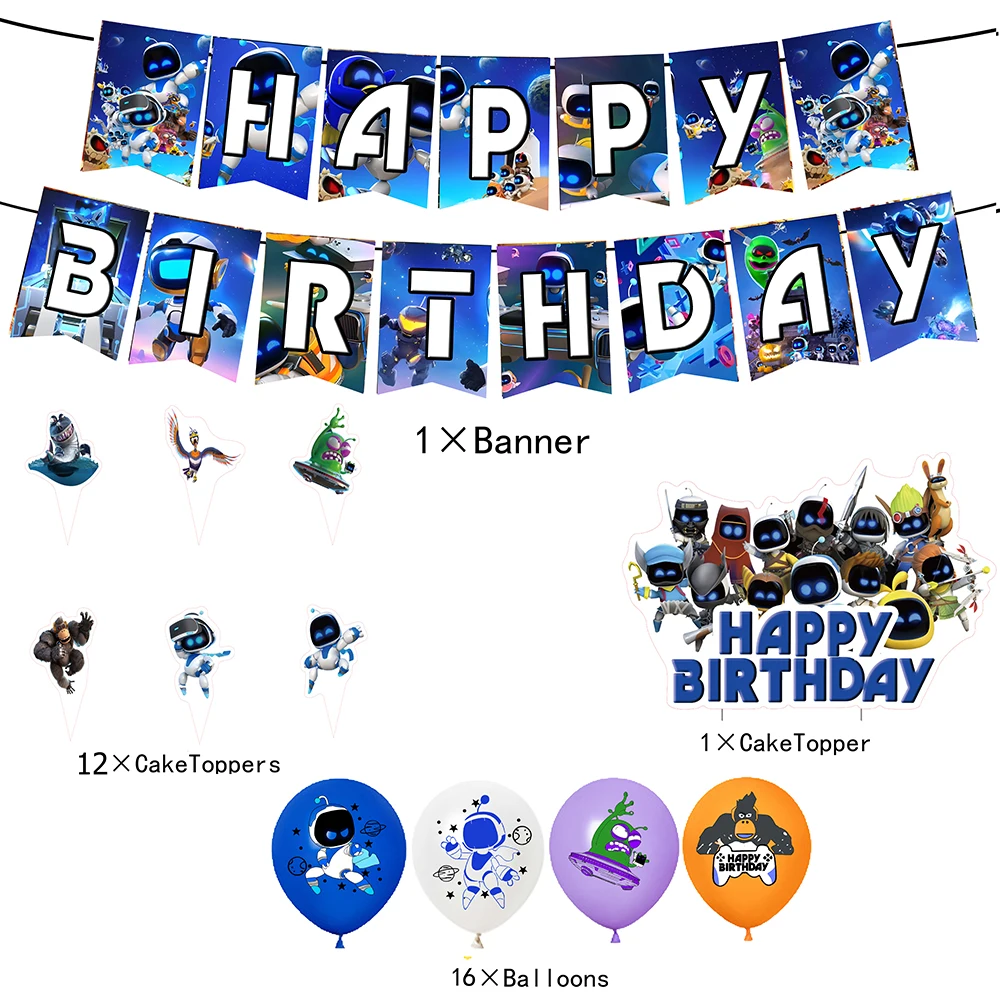 ASTRO BOT Decoração de festa de aniversário Balão Banner Pano de fundo Topper de bolo ASTRO BOT Fontes de festa