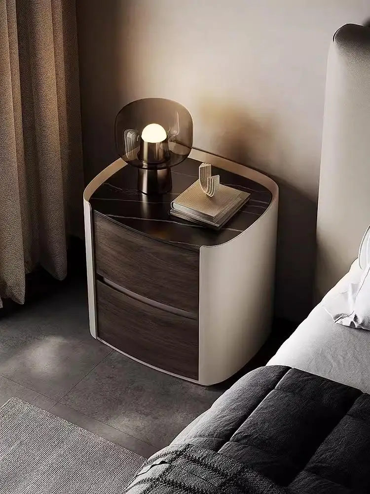 Italian minimalist high-end solid wood bedside table, modern minimalist light luxury bedroom, rock board bedside cabinet