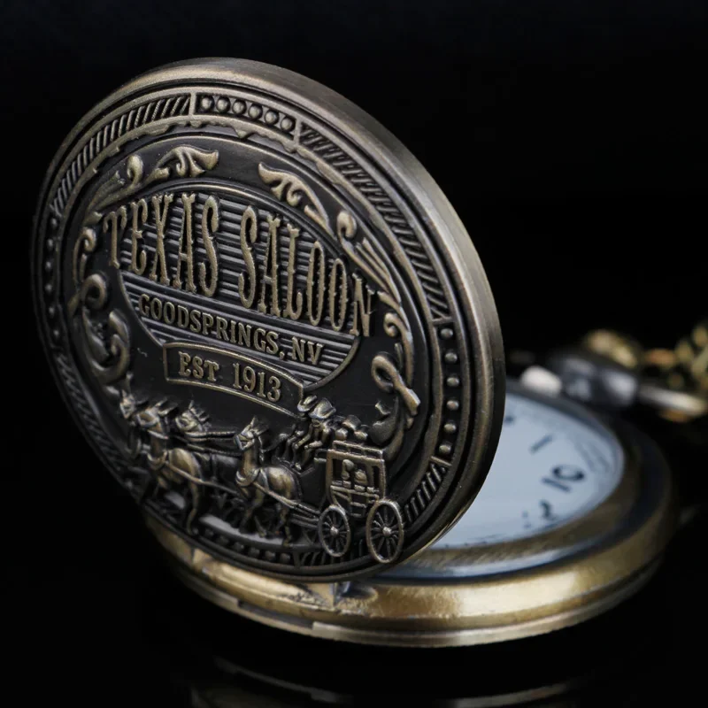 TEXAS SALOON Carved Quartz Pocket Watch Antique Watch With Chain Pendant Fob Men Women Clock Gift