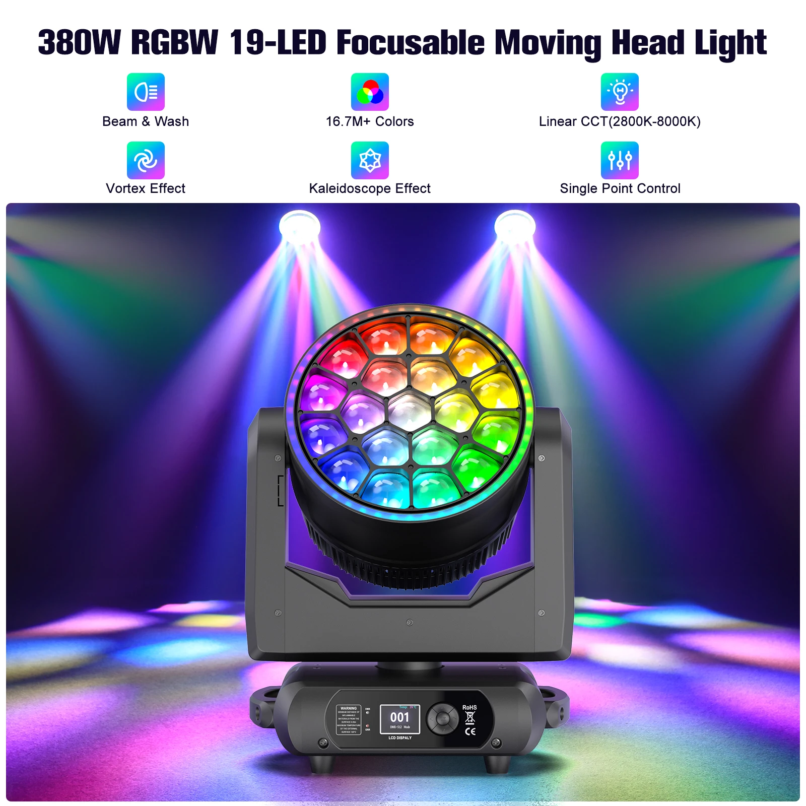 Yiflamefly 19x20W RGBW LED Focusing Moving Head Stage Light 1-25Hz Strobe DMX512 Voice Control For Concert Bar Stage Lighting