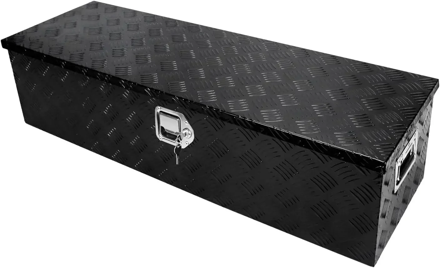 

39-дюймовый прочный алюминиевый ящик для инструментов с полосатым покрытием, водонепроницаемый квадратный органайзер для хранения, подходит для пикапов, прицепов и автодомов.