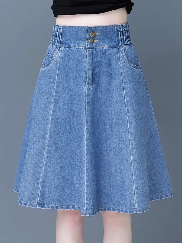 Summer New plus Size Women's Denim  Skirt Belly Cover Thin A-Line Umbrella Skirt Short Skirt High Waist Pure Color