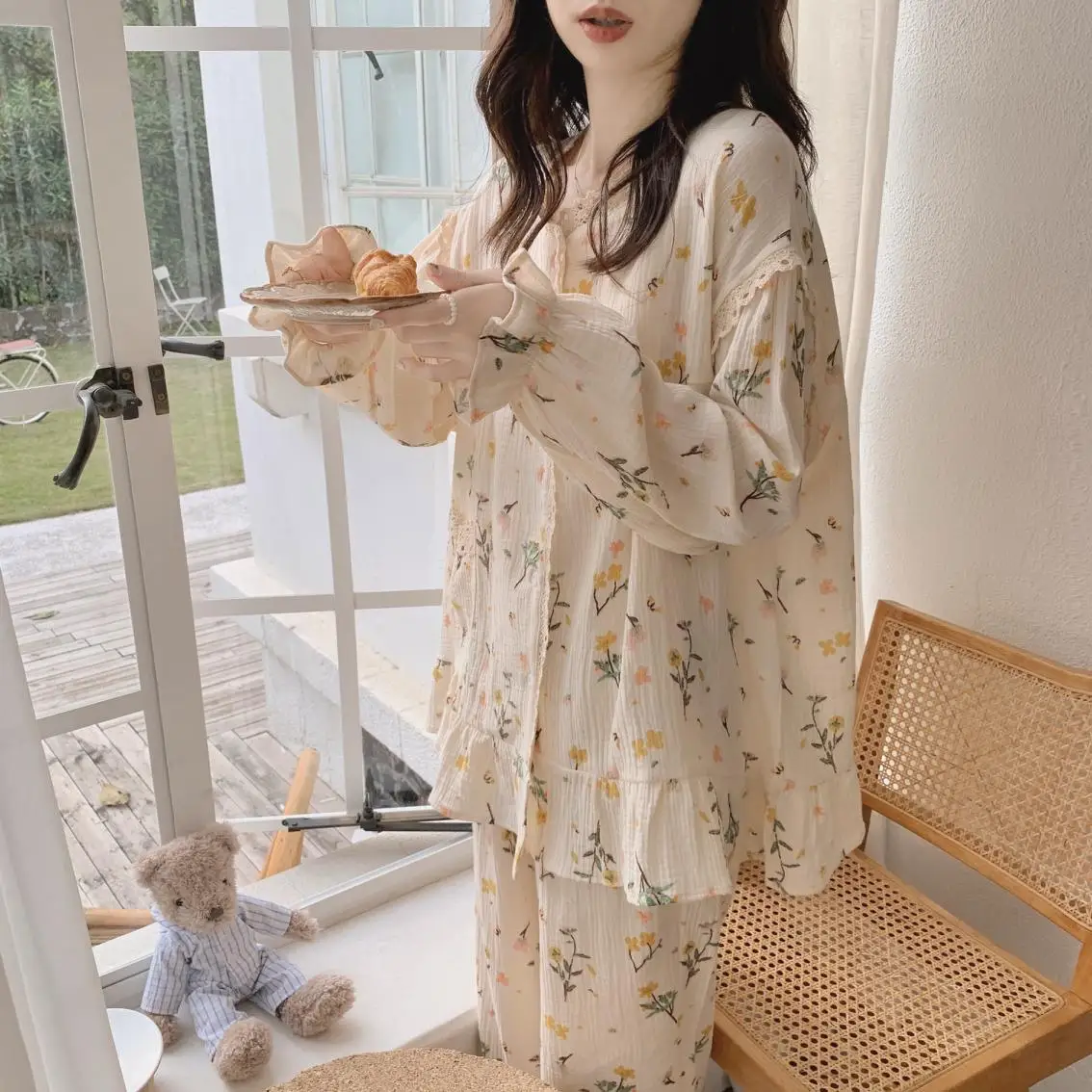 

Floral Cartoon Printed Pajama Set Square Collar Long Sleeve Cardigan Women Gauze Cotton Kawaii 2pcs Pyjamas Elegant Casual