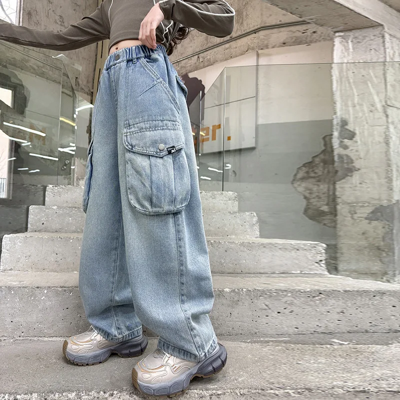 

School Girls Cargo Pant Autumn Retro Button Pocket Children Girls Straight Leg Pant Elastic Waist Teenager Girls Trouser