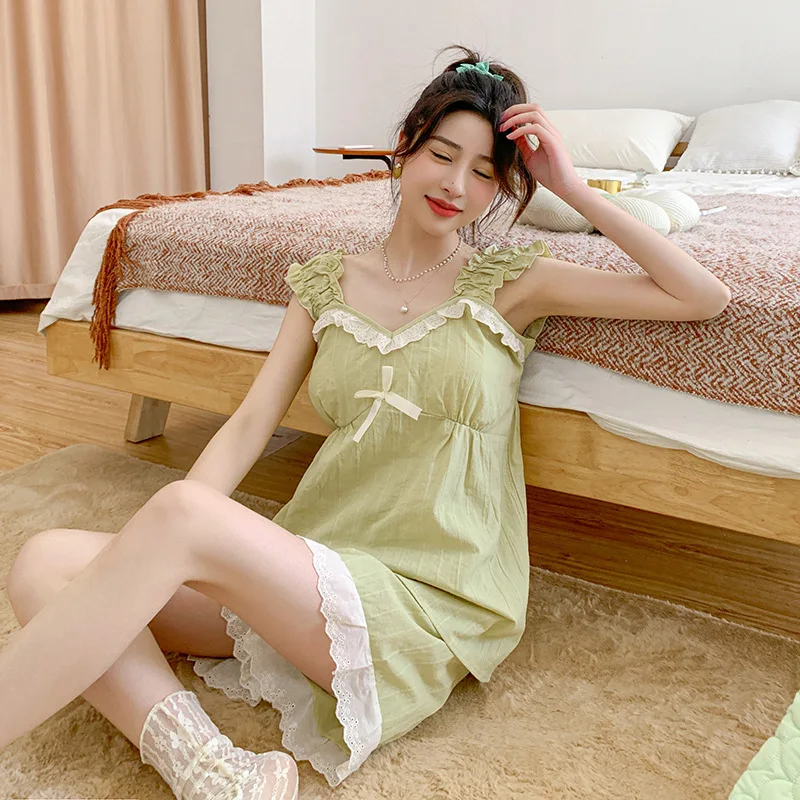 

Summer Sweet Lovely Women Pajamas Lady Sleeveless Korea Homewear Loose Casual Cotton Female Sleepwear Nightwear