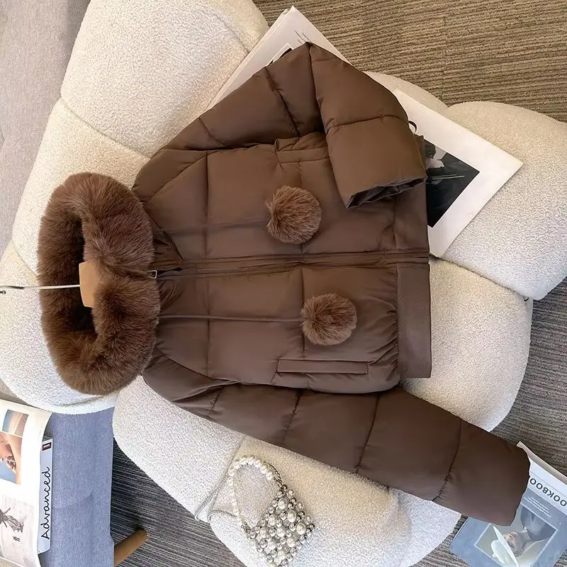 2026 Fashion Down Cotton-padded Jacket Women's Winter Short Parkas Hooded Fur Collar Thicken Coats Student Loose Bread Outerwear