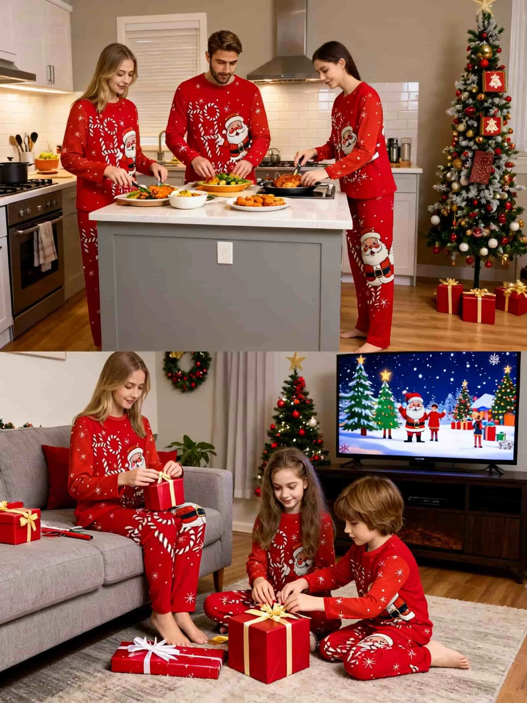 2-Piece Christmas Family Matching Outfits for Family Photos, New Year Red Santa Claus Print, Long-Sleeve and Long-Pants Pajama Set, Men's or Women'S, Children's Holiday Pajamas, Christmas Loungewear Set