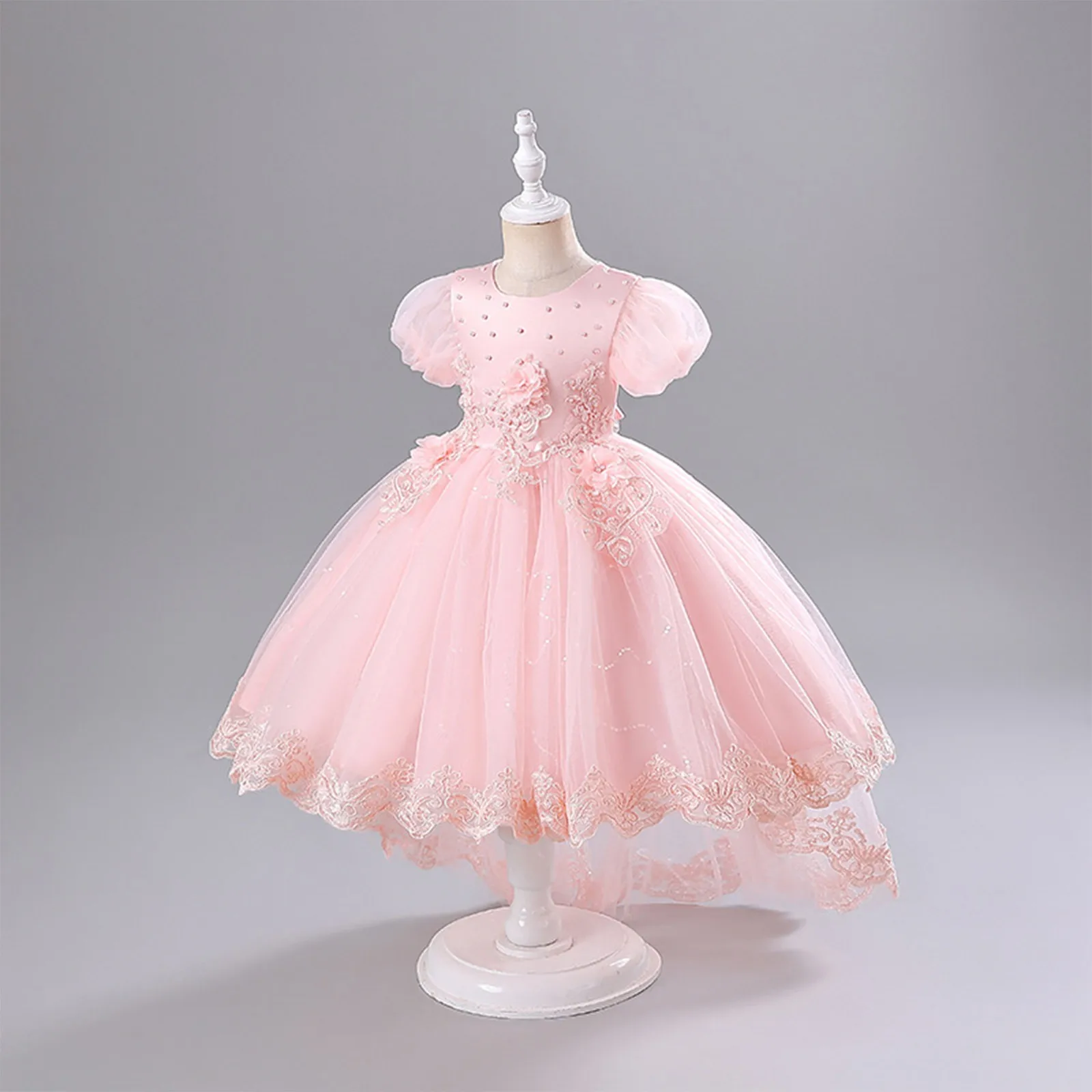 Floral Flower Girl Dress Lace Flowers Short Sleeve Princess Toddler Kids Wedding Birthday Pageant Party Gown Puffy Mesh Dress